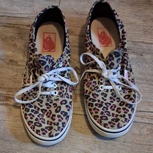 Vans Womens Tan Sneakers with Pink and Black Leopard Print SZ-9